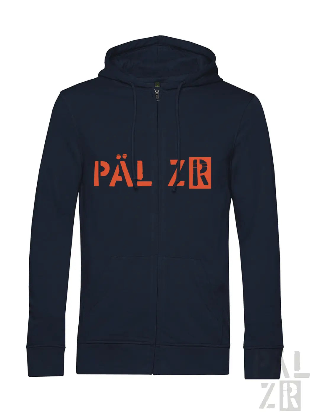 Navyblauer herren zipper mit auffälligem orangen päl zr schriftzug aus der pälz originals kollektion verschiedene farben