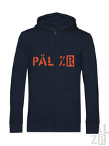 Navyblauer herren zipper mit auffälligem orangen päl zr schriftzug aus der pälz originals kollektion verschiedene farben