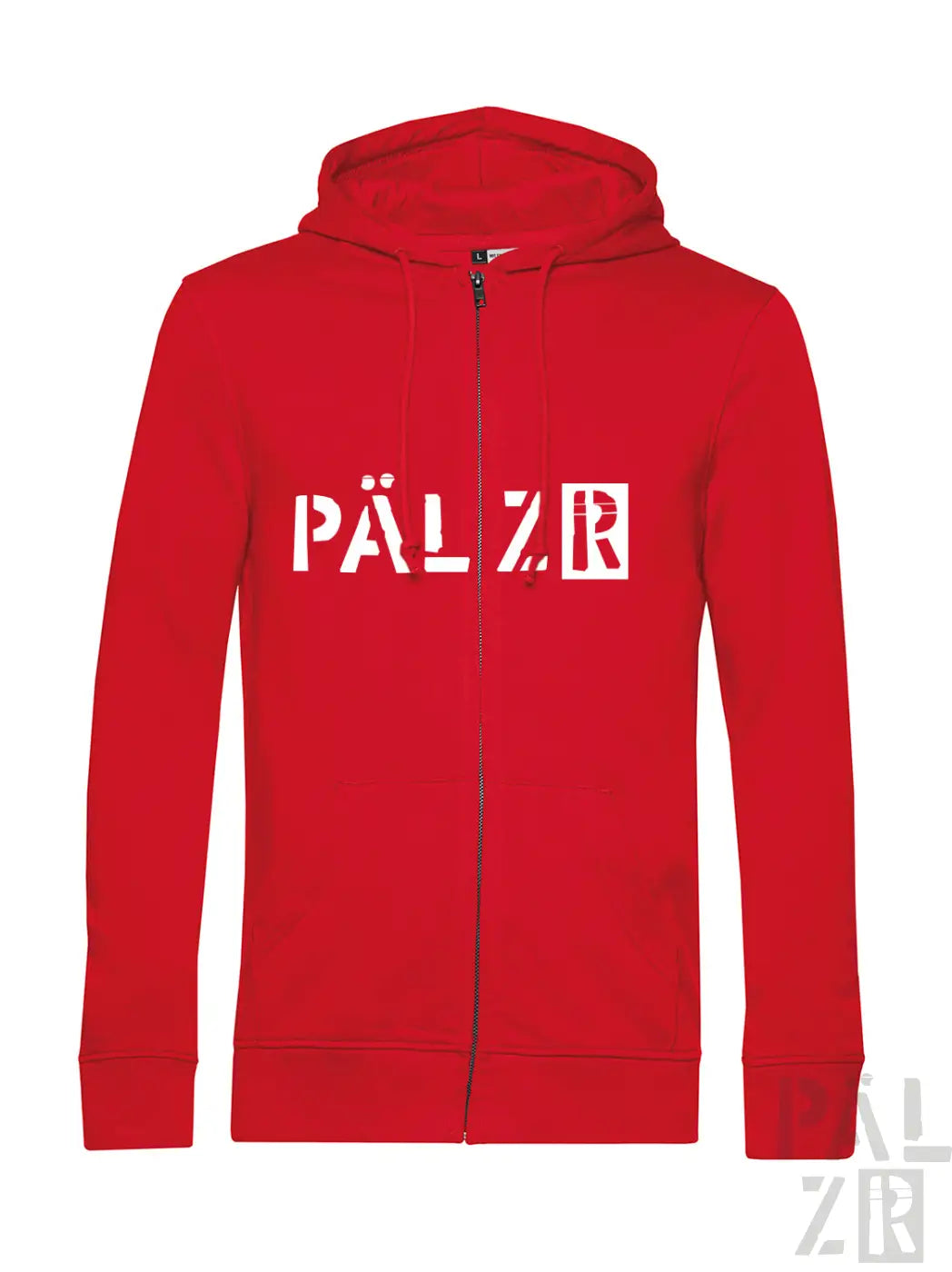 Roter zipper herren pullover mit weißen pälzr schriftzug von pälzr originals in verschiedenen farben