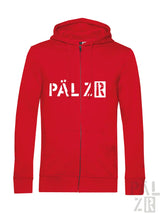 Roter zipper herren pullover mit weißen pälzr schriftzug von pälzr originals in verschiedenen farben