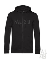 Schwarzer zip-up hoodie mit grauem päl zr logo auf der brust aus der männer zipper pälzr originals kollektion