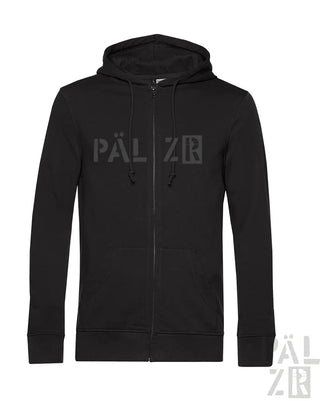 Schwarzer zip-up hoodie mit grauem päl zr logo auf der brust aus der männer zipper pälzr originals kollektion