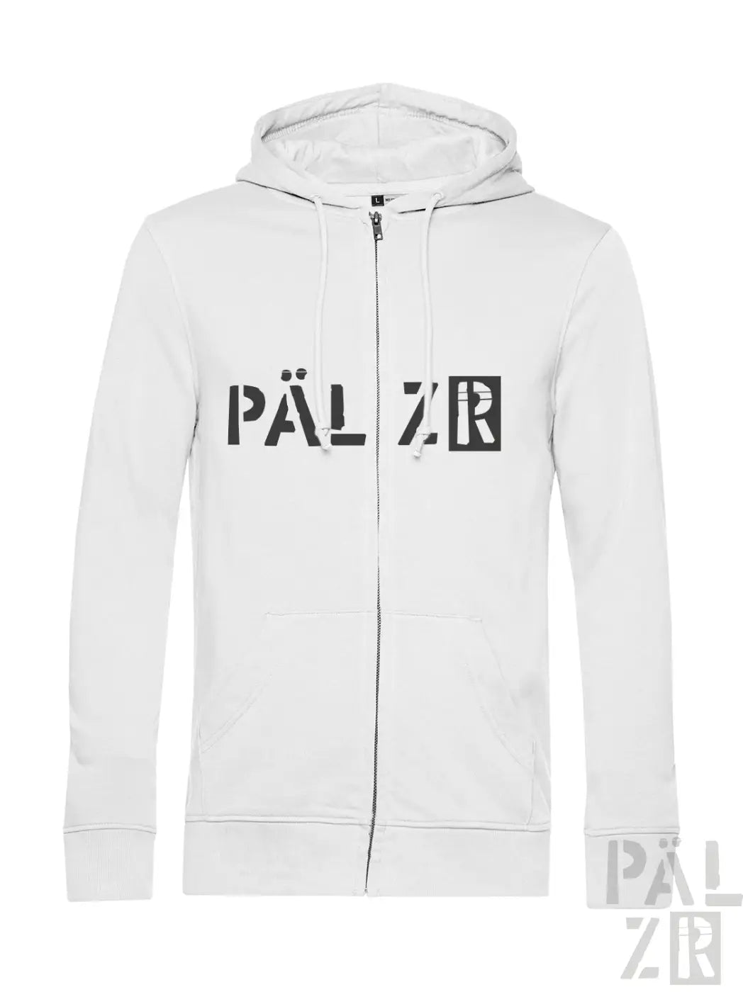Weißer zip-up hoodie aus baumwolle mit schwarzer päl zr schrift auf der brust von pärlz originals männer ziper