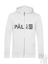 Weißer zip-up hoodie aus baumwolle mit schwarzer päl zr schrift auf der brust von pärlz originals männer ziper