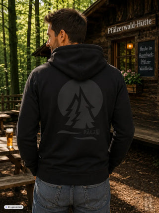 Schwarzer männer zipper mit grauem berg und kiefer grafik auf der rückseite und palzib schriftzug darunter