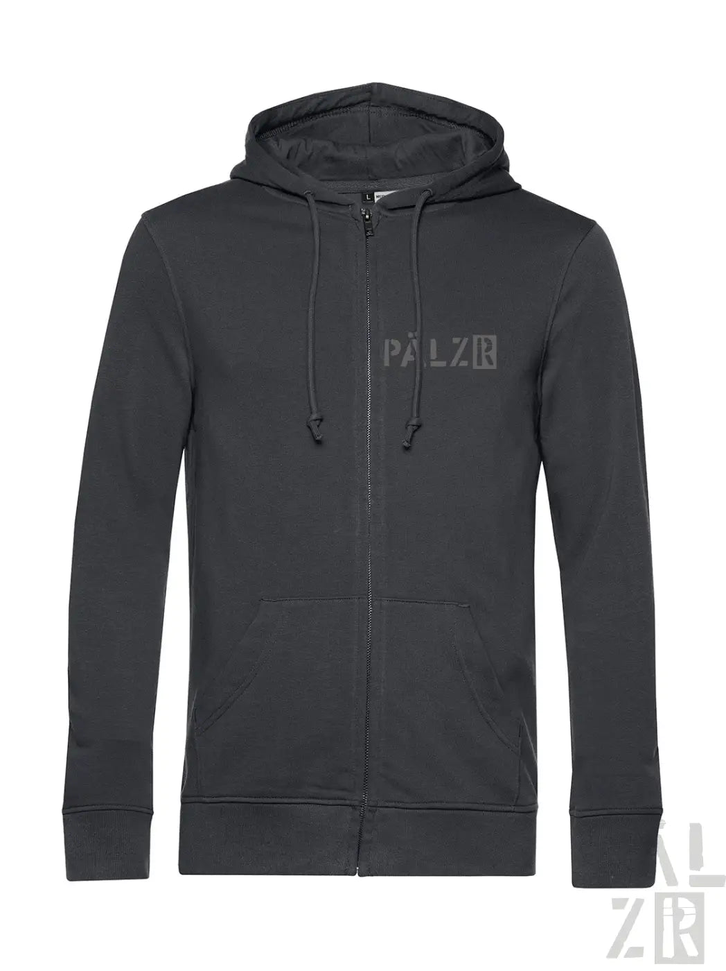 Schwarzer zip-up hoodie mit grauem palz logo auf der brust und passenden kordeln aus dem malsch pälzrwald zwei men ziper in verschiedenen farben