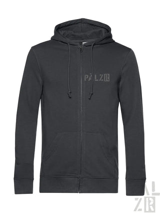 Schwarzer zip-up hoodie mit grauem palz logo auf der brust und passenden kordeln aus dem malsch pälzrwald zwei men ziper in verschiedenen farben