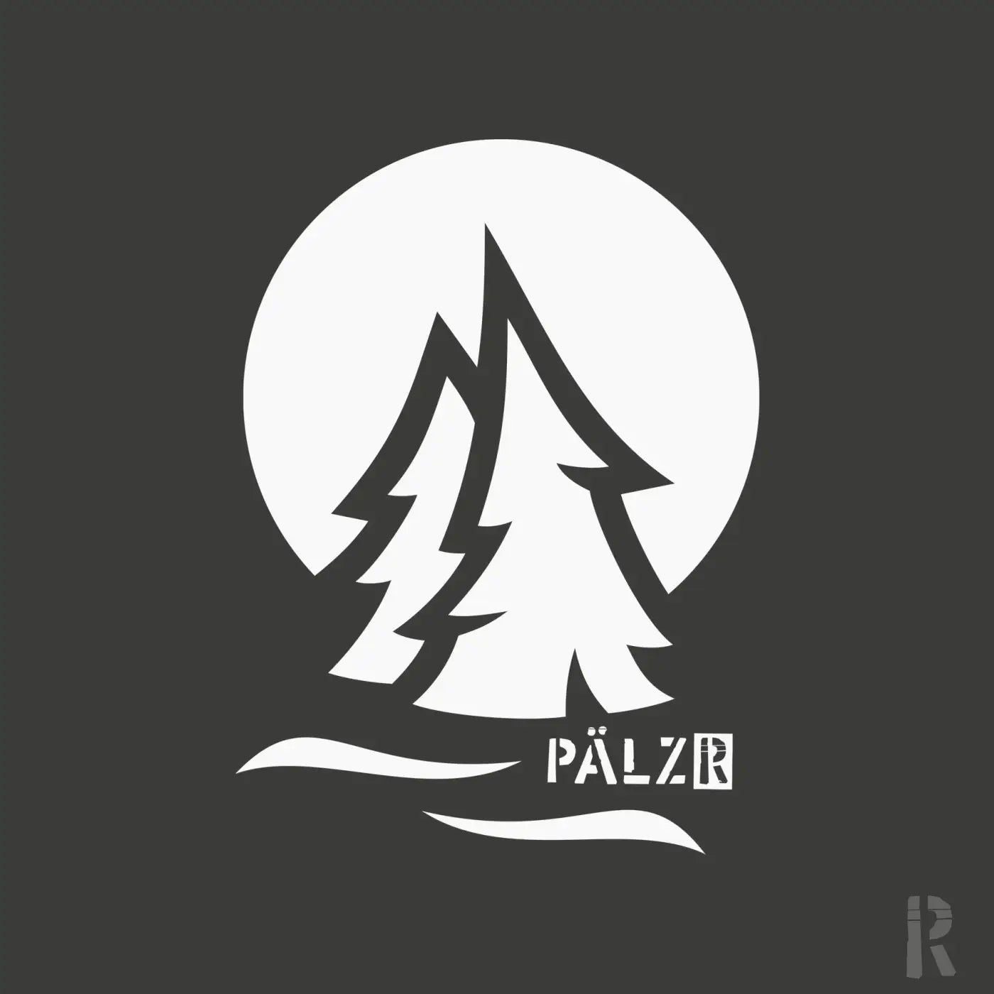 Weißer stilisierter pinienbaum logo auf dunklem grauem hintergrund mit dem wort pälzr darunter auf männer zipper in verschiedenen farben