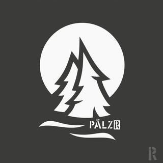 Weißer stilisierter pinienbaum logo auf dunklem grauem hintergrund mit dem wort pälzr darunter auf männer zipper in verschiedenen farben