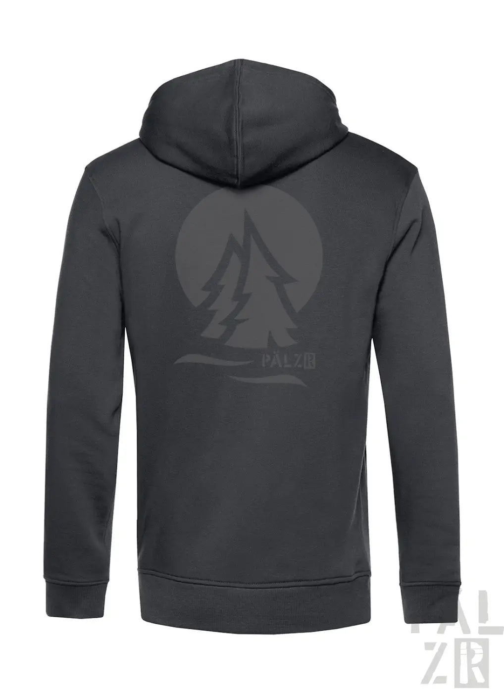 Dunkelgrauer männer zip-up hoodie mit subtiler berg- und baumgrafik auf der rückseite aus verschiedenen farben