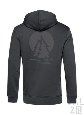 Dunkelgrauer männer zip-up hoodie mit subtiler berg- und baumgrafik auf der rückseite aus verschiedenen farben