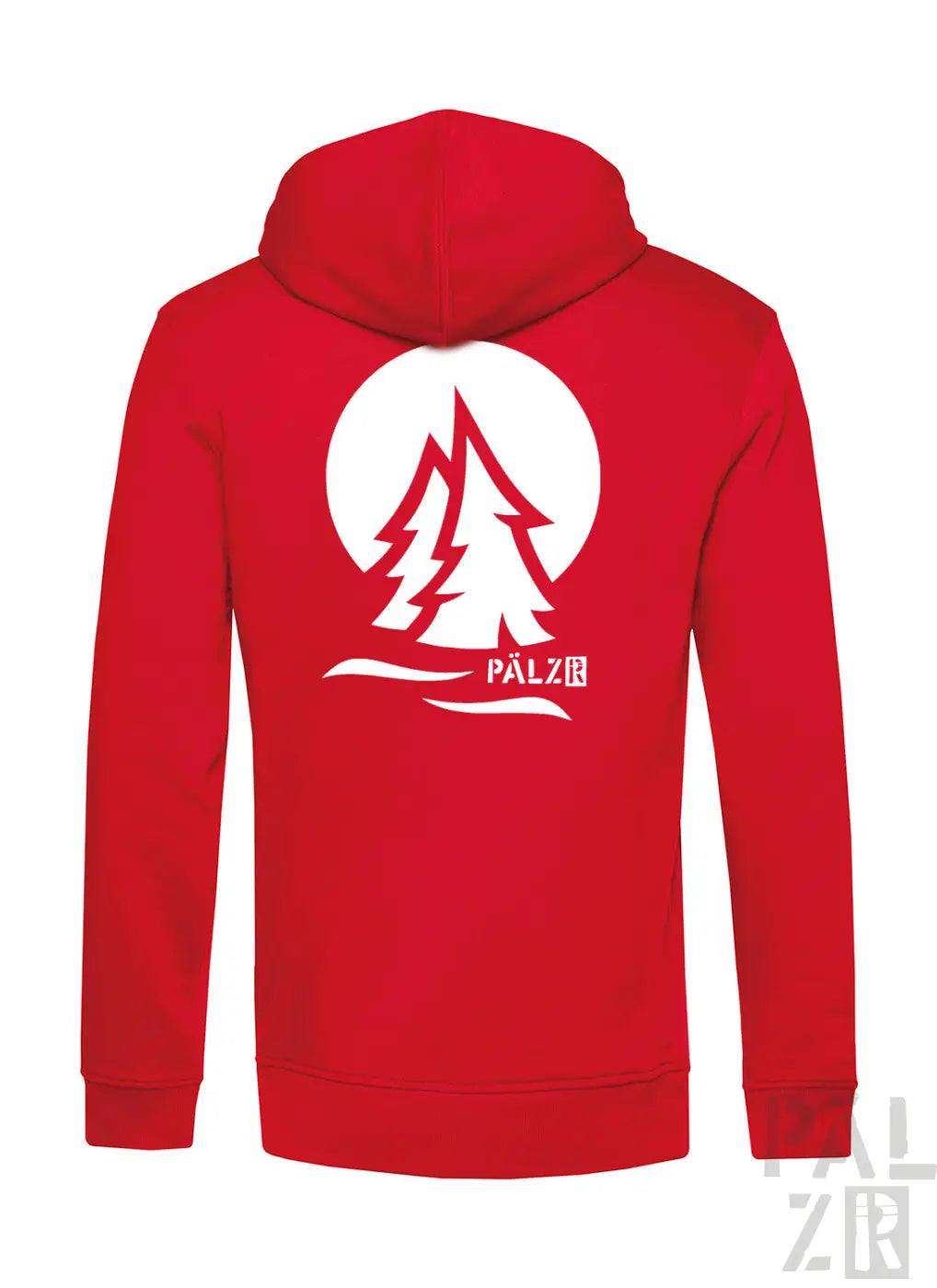 Rote herren zipper mit weißem kreisgrafik und stilisierten kiefern von pälz aus der kollektion pälzrwald zwei