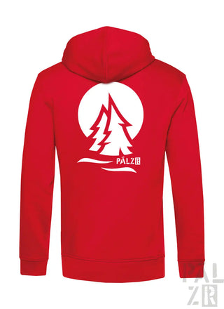Rote herren zipper mit weißem kreisgrafik und stilisierten kiefern von pälz aus der kollektion pälzrwald zwei