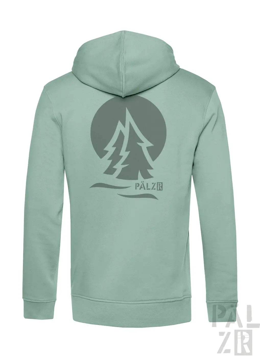 Ein mintgrüner zip-up hoodie für männer mit grauem waldgrafik zweier kiefern und pälz markenname unten