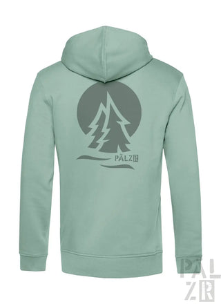 Ein mintgrüner zip-up hoodie für männer mit grauem waldgrafik zweier kiefern und pälz markenname unten