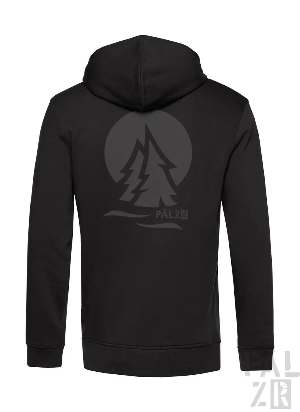 Schwarzer männer zipper mit grauem pälzrwald zwei stylisiertem kiefernbaum grafik und palz markenname darunter