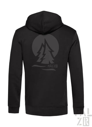 Schwarzer männer zipper mit grauem pälzrwald zwei stylisiertem kiefernbaum grafik und palz markenname darunter