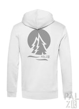 Weißer herren zipper mit grauem kreisgraphic und stilisierten kiefern und pälz markenname darunter
