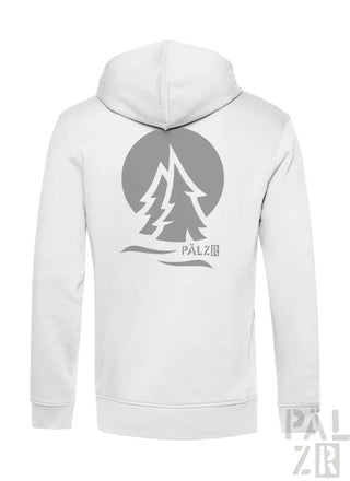 Weißer herren zipper mit grauem kreisgraphic und stilisierten kiefern und pälz markenname darunter