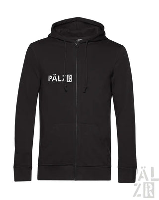 Schwarze Kapuzenjacke mit Reißverschluss und ’pälzr’-Logo auf der Vorderseite.