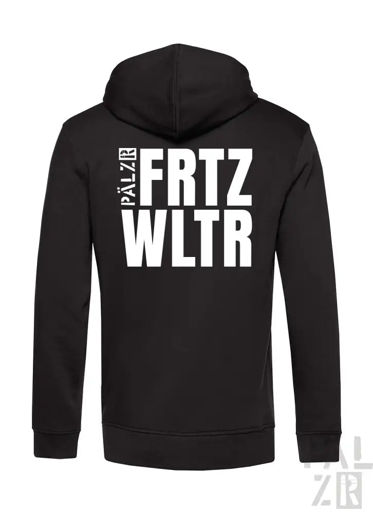 Schwarzes Hoodie mit weißem Textdesign, das ’frtz wltr’ und ’pälzr’ auf der Rückseite zeigt.