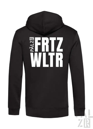 Schwarzes Hoodie mit weißem Textdesign, das ’frtz wltr’ und ’pälzr’ auf der Rückseite zeigt.