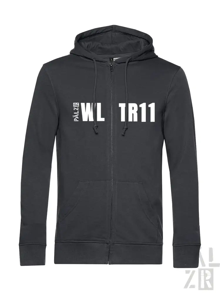 Anthrazitfarbene Kapuzenjacke mit Reißverschluss und ’palz18 wl tr11’’ Textdesign auf der Vorderseite.