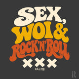 Männer zipper mit retro-text sex woi und rock n roll in creme gelb orange und markenname pälzr unten