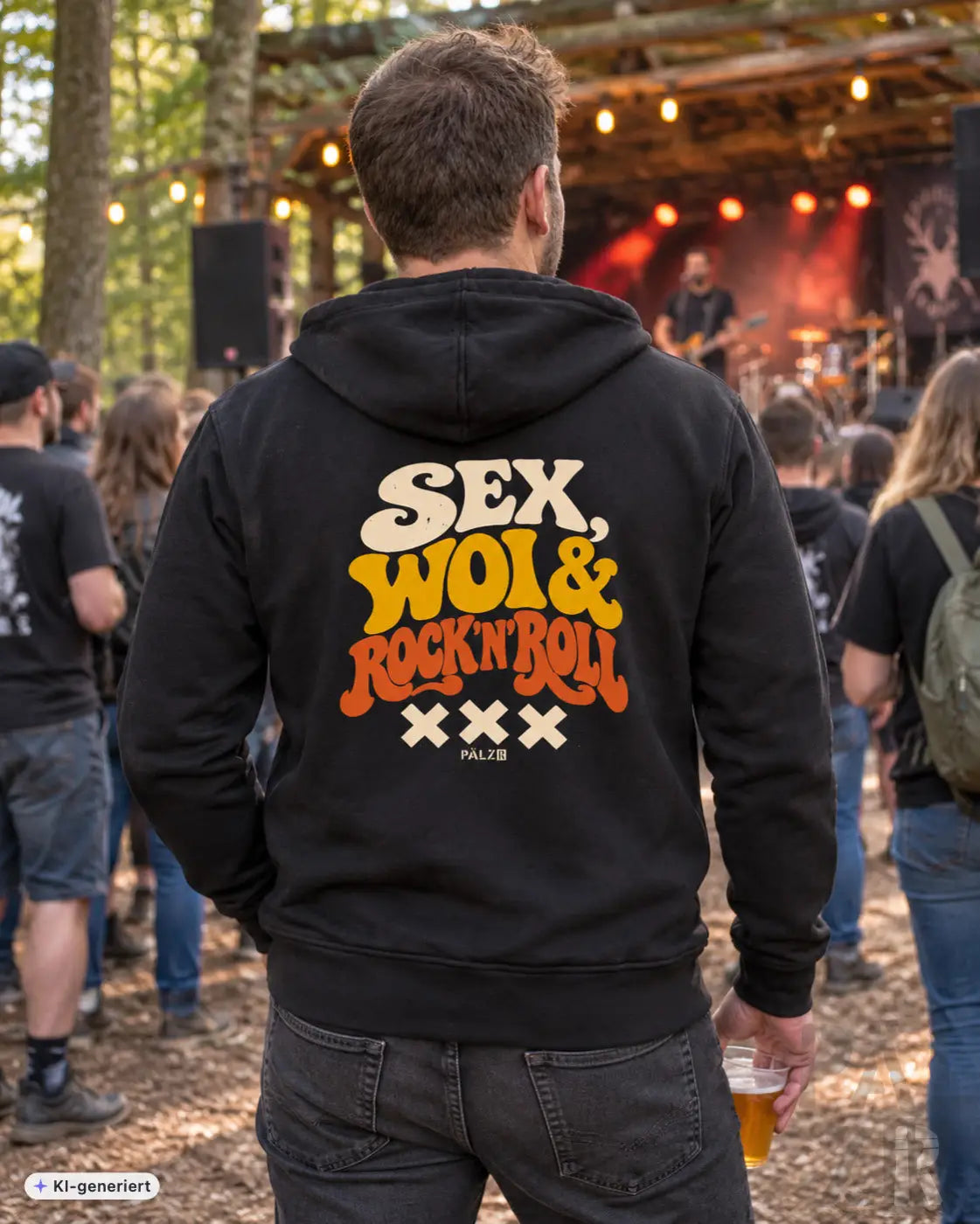 Schwarzer männer zipper hoodie mit retro grafik sex woi und rock n roll in creme und orange mit drei weißen xx darunter