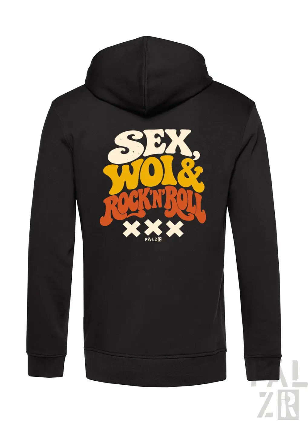Schwarzer zip-up hoodie für männer mit retro grafik sex woi und rock n roll in weiß gelb und orange lettering
