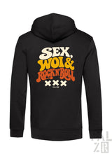 Schwarzer zip-up hoodie für männer mit retro grafik sex woi und rock n roll in weiß gelb und orange lettering