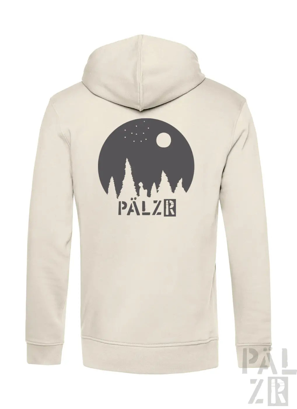 Beige pälzr zipper hoodie mit dunklem grauem kreisgrafikdesign sterne mond bäume männer sternegugger verschiedene farben