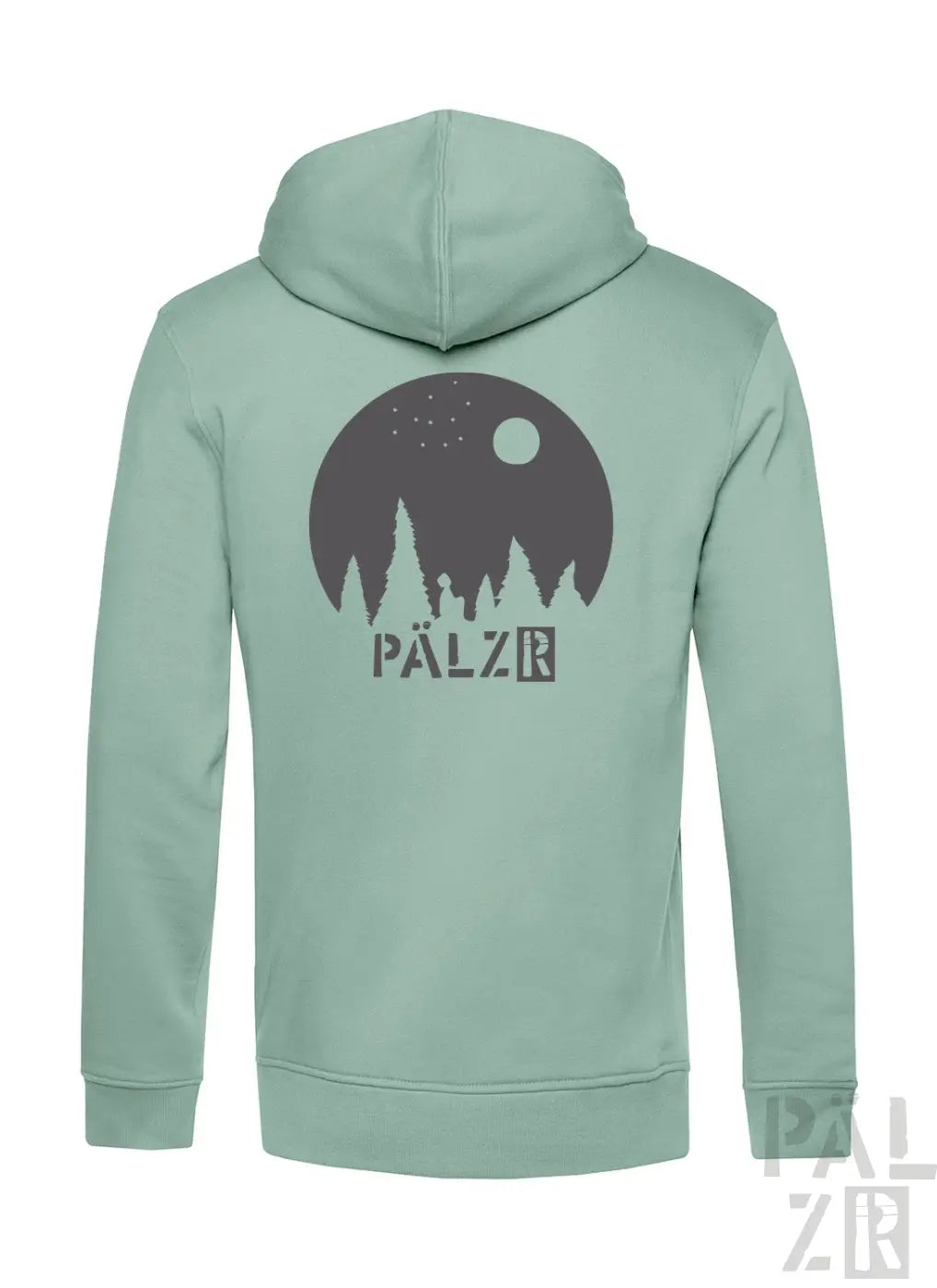 Ein weicher mintgrüner zipper mit dunkelgrauem kreisgrafik motiv bäume sterne mond und pälzr logo männer model