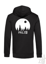 Schwarzer herren zip-up hoodie mit weißem rundem motiv aus bäumen sternen mond und pälzr schriftzug