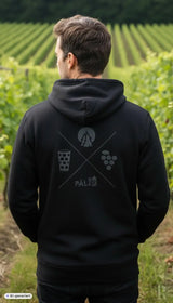 Schwarzer männer zipper hoodie mit grauem grafikdesign aus kreuzlinien bergen bierglas und trauben in verschiedenen farben