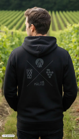 Schwarzer männer zipper hoodie mit grauem grafikdesign aus kreuzlinien bergen bierglas und trauben in verschiedenen farben