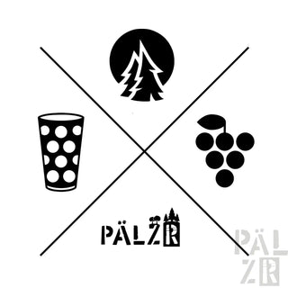 Schwarzes stilisiertes logo mit baum glas punkten trauben und pinien oberhalb des wortes palazz auf männer zipper wald und woi