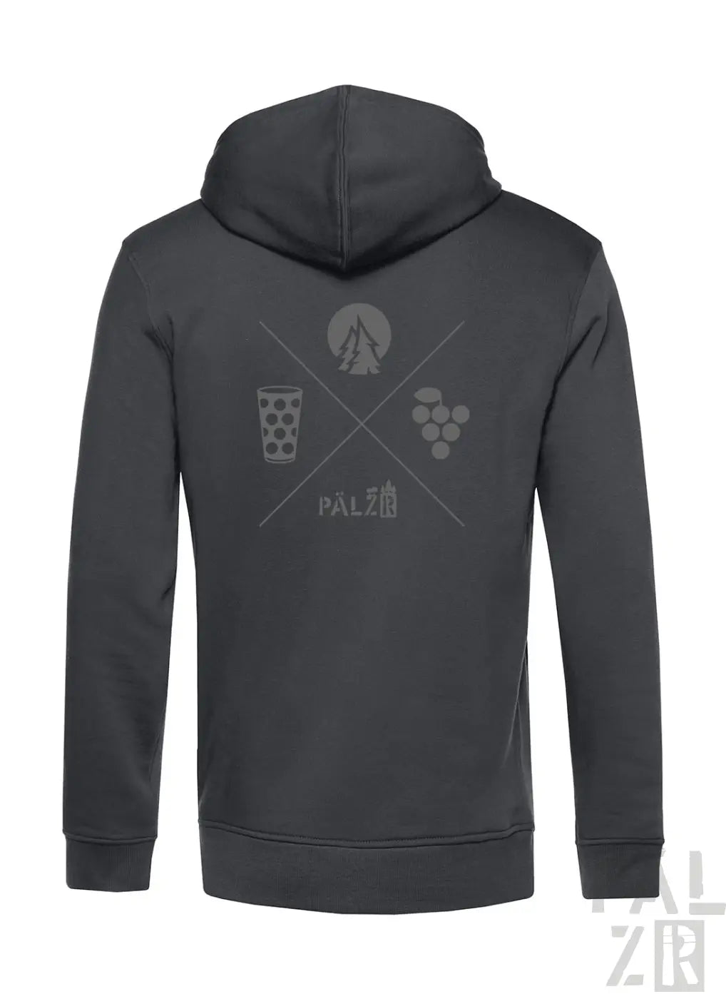 Dunkelgrauer männer zip-up hoodie mit subtiler grafik aus überkreuzten linien und symbolen für bier trauben und berge