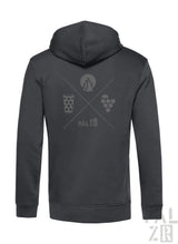 Dunkelgrauer männer zip-up hoodie mit subtiler grafik aus überkreuzten linien und symbolen für bier trauben und berge
