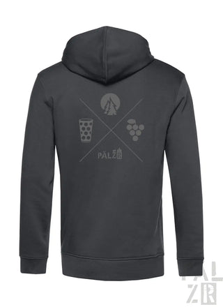 Dunkelgrauer männer zip-up hoodie mit subtiler grafik aus überkreuzten linien und symbolen für bier trauben und berge