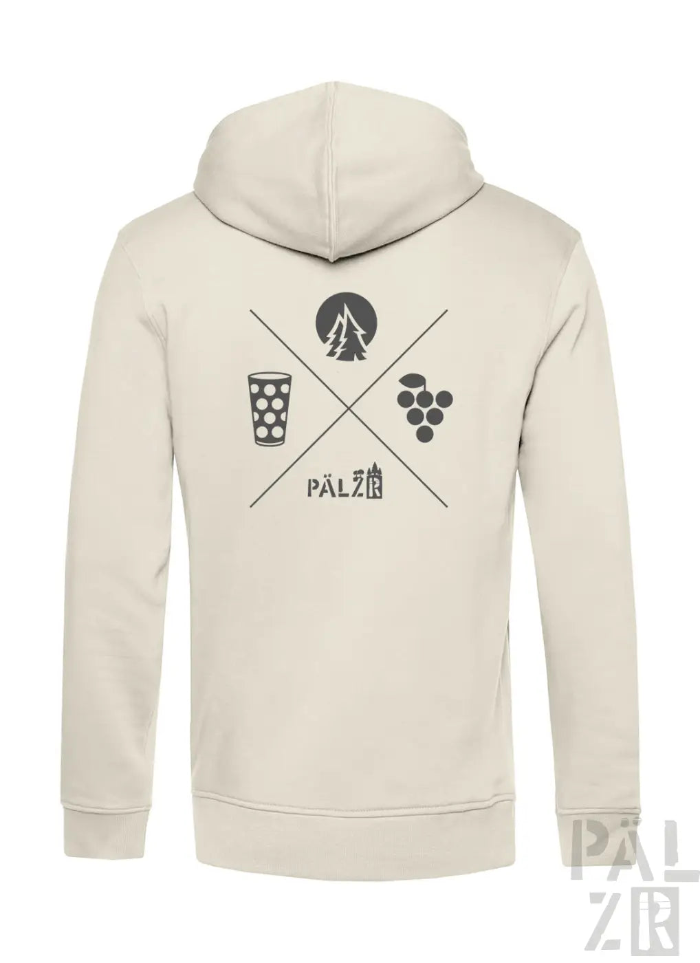Beige herren zipper mit schwarzem wald und woi motiv aus baum, bierglas und trauben auf der rückseite
