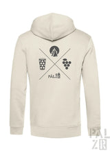 Beige herren zipper mit schwarzem wald und woi motiv aus baum, bierglas und trauben auf der rückseite