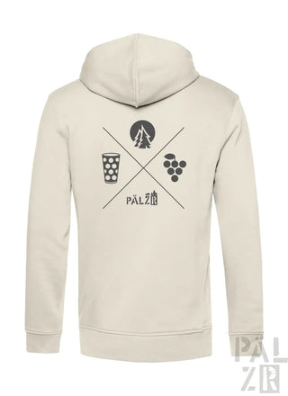 Beige herren zipper mit schwarzem wald und woi motiv aus baum, bierglas und trauben auf der rückseite