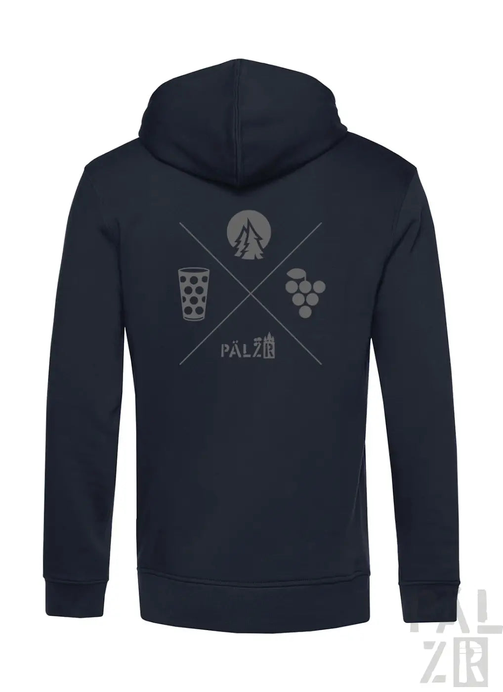 Dunkelblauer zip-up hoodie für männer mit grauem wald und woi grafikdesign aus kreuzenden symbolen wie wein bergen und trauben