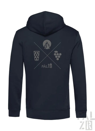 Dunkelblauer zip-up hoodie für männer mit grauem wald und woi grafikdesign aus kreuzenden symbolen wie wein bergen und trauben