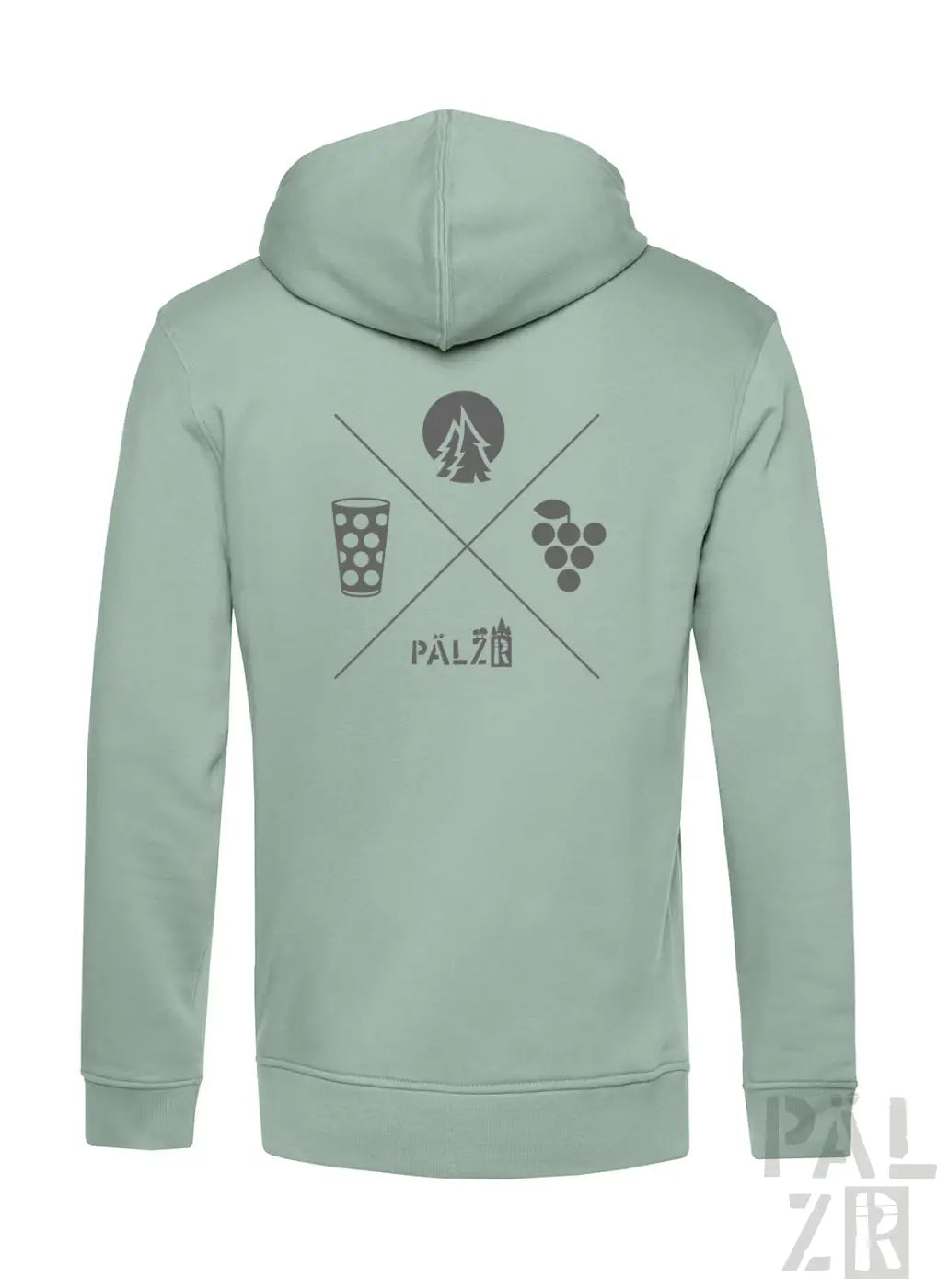 Mintgrüner zipper herren mit grauem wald und woi grafikdesign aus baum, bierglas und trauben