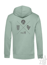 Mintgrüner zipper herren mit grauem wald und woi grafikdesign aus baum, bierglas und trauben