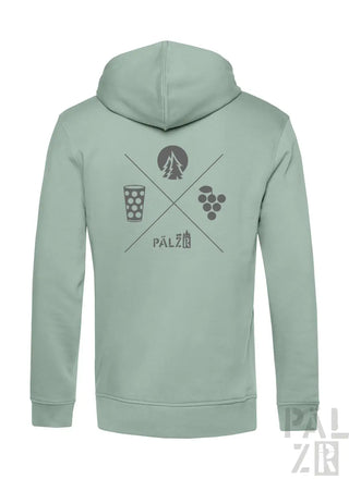 Mintgrüner zipper herren mit grauem wald und woi grafikdesign aus baum, bierglas und trauben