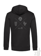 Schwarzer zip-up hoodie männer mit grauem wald und woi grafikdesign aus baum mond bierglas und trauben