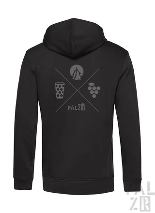 Schwarzer zip-up hoodie männer mit grauem wald und woi grafikdesign aus baum mond bierglas und trauben